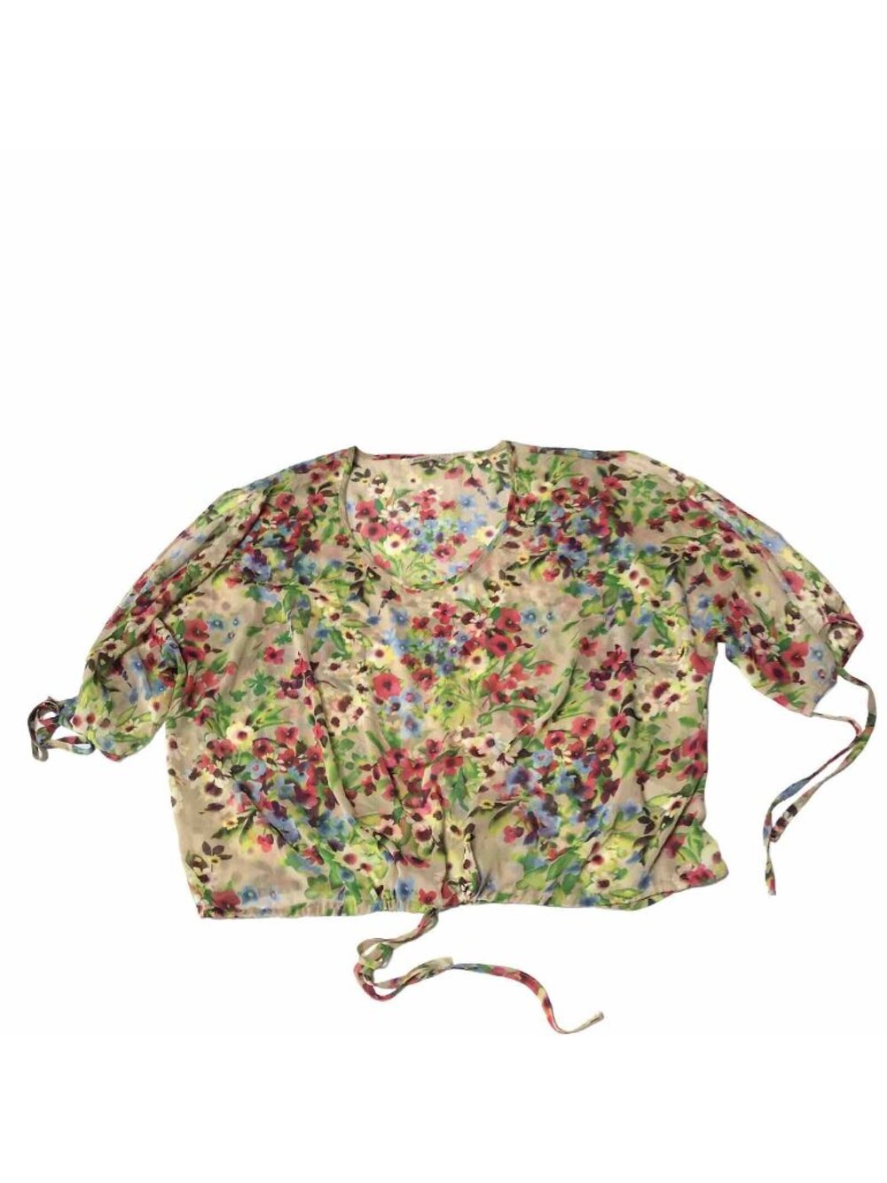 Old Navy Top Womens X-Large Floral Sheer Watercolor Artsy Boho Cropped Crinkle